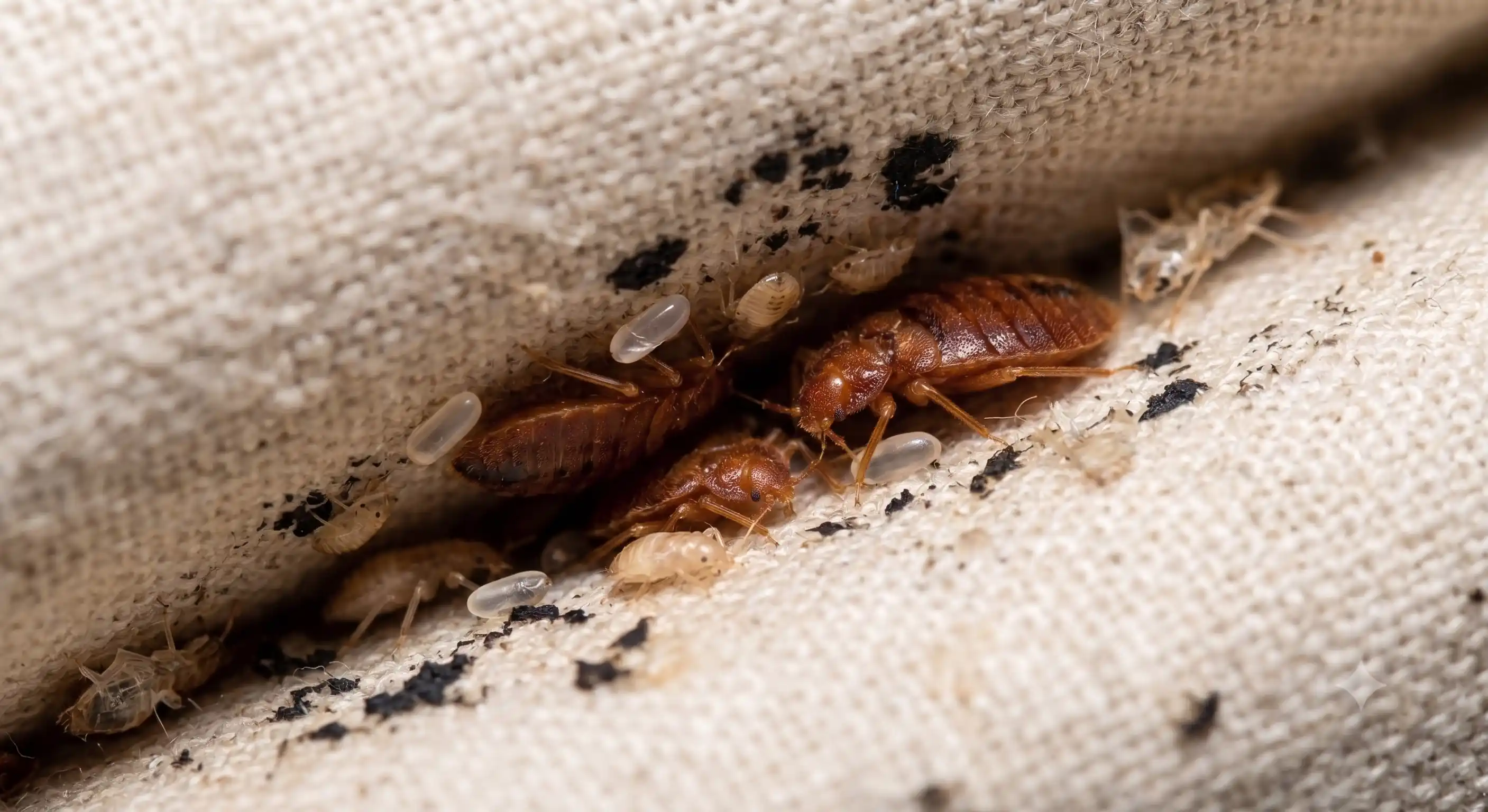 Bettwanzenversteck in einer Matratzennaht, typischer Rückzugsort der Parasiten